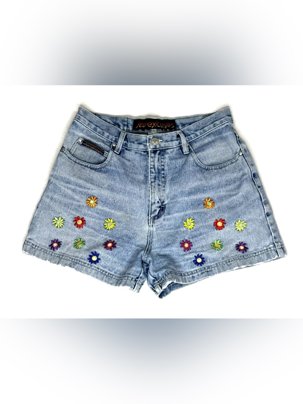 No Excuses vintage y2k denim blue jean shorts colorful embroidered flowers 7/8